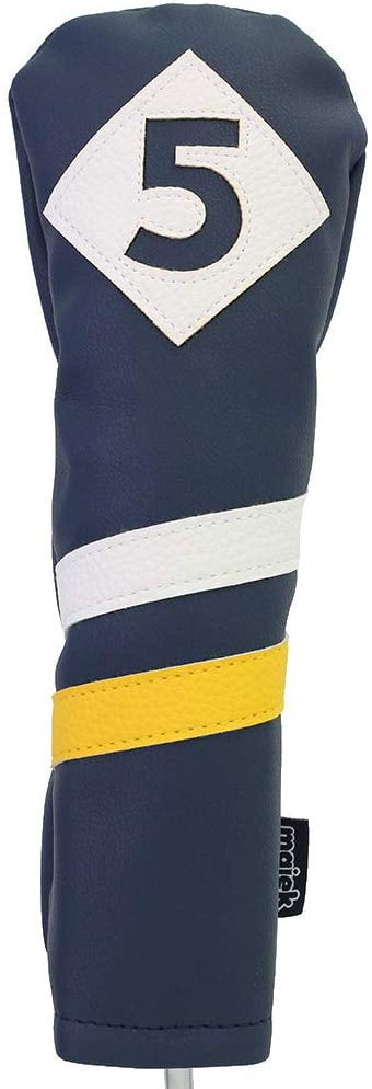 Majek Retro Golf Headcover Blue White and Yellow Vintage Leather Style #5 Fairway Wood Head Cover Classic Look