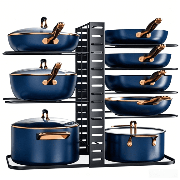 Delamu Pots and Pans Organizer Rack under Cabinet, 8-Tier Adjustable Pot Racks, Kitchen Organizers inside Cabinet, Black