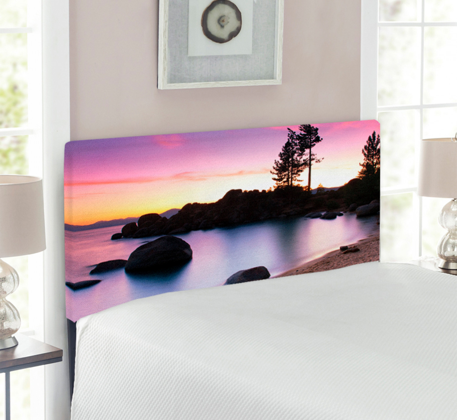 Landscape Headboard, Summer Sandy Beach by the River with Sky Relax Simple Life Art Photo, Upholstered Decorative Metal Bed Headboard with Memory Foam, Twin Size, Purple Cream, by Ambesonne - image 2 of 4