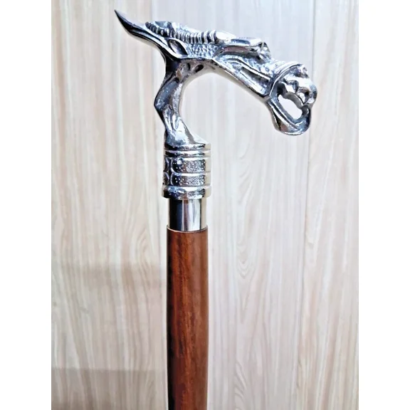 Global Antiques Silver-Plated Walking Cane Handle – Ornate Antique Design Dragon Style Replacement Cane Grip Top Topper