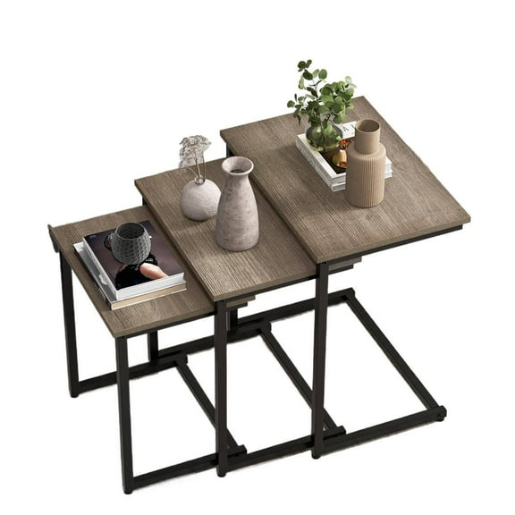 Giantex Nesting Coffee Table Set of 3, Stackable Square End Table w/Wood Grain Tabletop & Heavy-Duty Metal Frame, Farmhouse C-Shaped Accent Table for Small Space, Living Room, Bedroom (Black Oak)