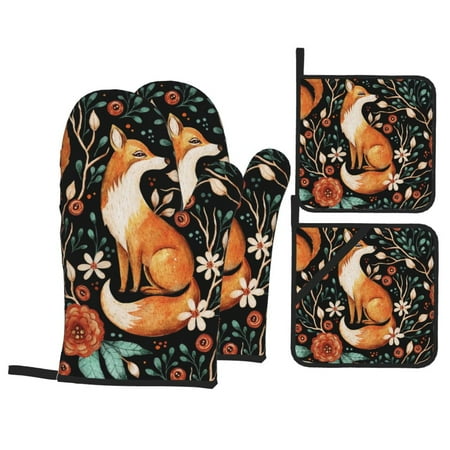 

Oven Mitts and Pot Holders 4 pcs Set fox fall forest flower Heat Resistant Silicone Oven Mitts Pot Holders for Kitchen Baking Cooking Non-Slip Oven Gloves Hot Pads Potholders