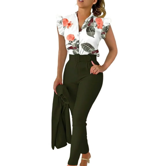 Likimi Two Piece Sets For Women Fashion Print Ruffle Sleeve Button Down Crew Neck Shirt Pant With Belt Outfit Set Green Size M