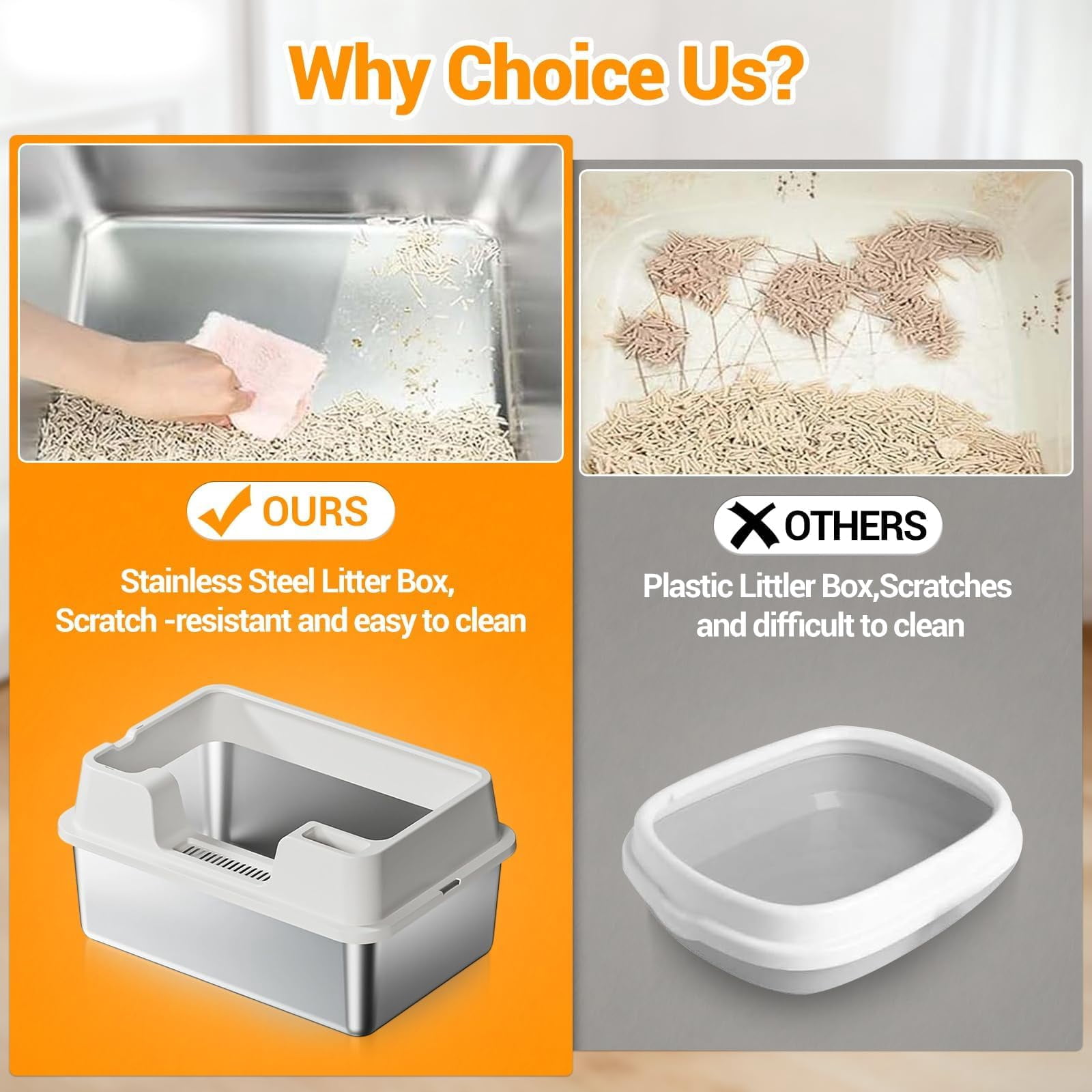 Stainless Steel Litter Box, XL Enclosed Cat Litter Boxes with Lid for Big Cats and Multi-Cats, High Sided, Anti-Urine Leakage Non-Stick Bottom Include Scoop Easy to Clean,White