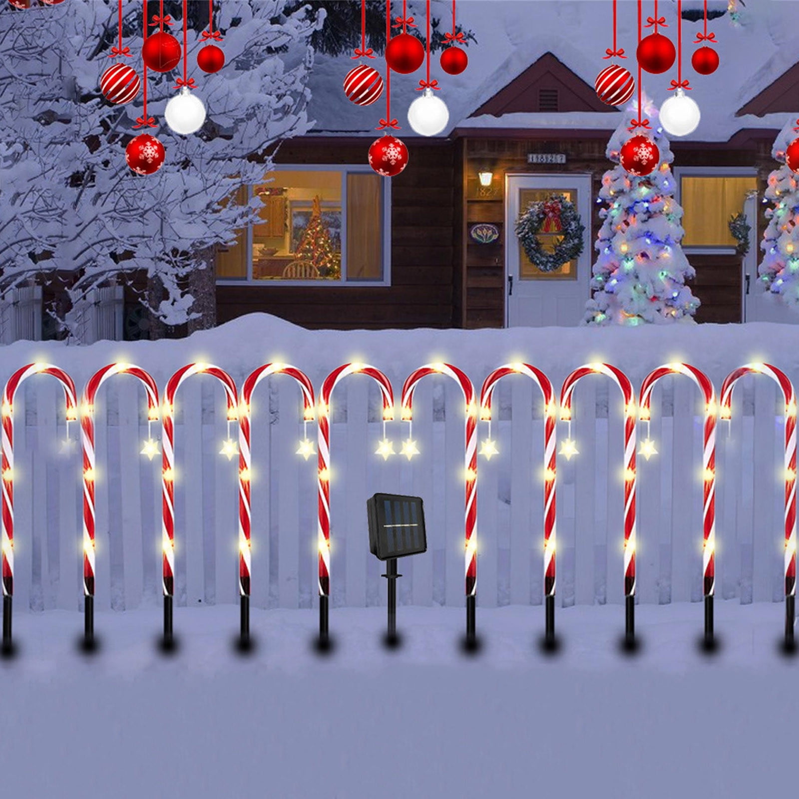 pathside 12 Pieces Solar Christmas Pathway Lights, Christmas Candy Cane Lights Outdoor Waterproof Landscape Lights Christmas Decorative Lights, Outdoor Plug-in Candy Crutch Lawns Landscapes Lamp