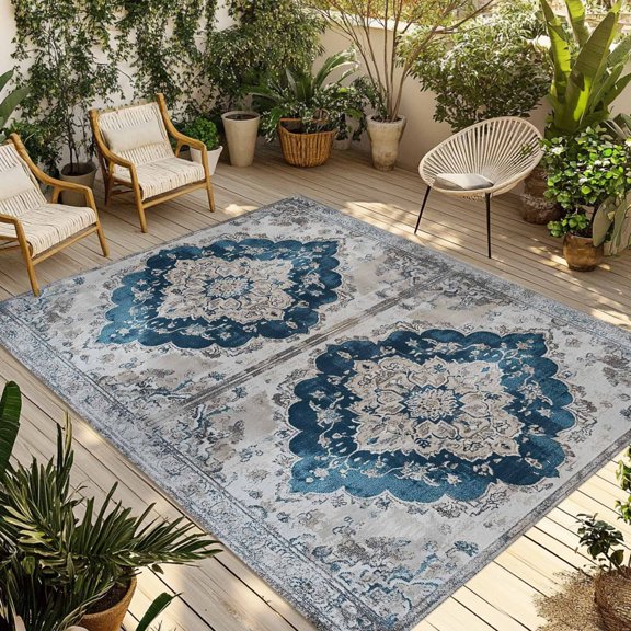 Fsddascl Blue Boho Floral Outdoor Rug for Patio/Deck/Porch, Non-Slip Large Area Rug 5 x 8 Ft, Vintage National Floral Textured Indoor Outdoor Rugs Washable Area Rugs, Reversible Camping Rug Carpet