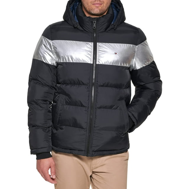 Chaqueta Tommy Hilfiger para hombre con capucha y rayas negras y plateadas