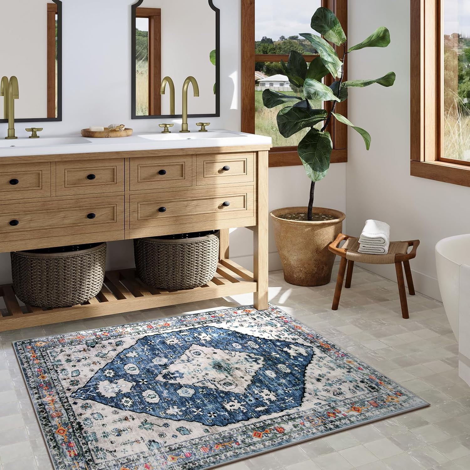 Wonnitar 3'x5' Boho Tribal Entryway Rug, Washable Area Rug for Kitchen Non Slip Stain Resistant, Low Pile Vintage Coastal Throw Rug for Bedroom Bathroom Laundry Room, Blue