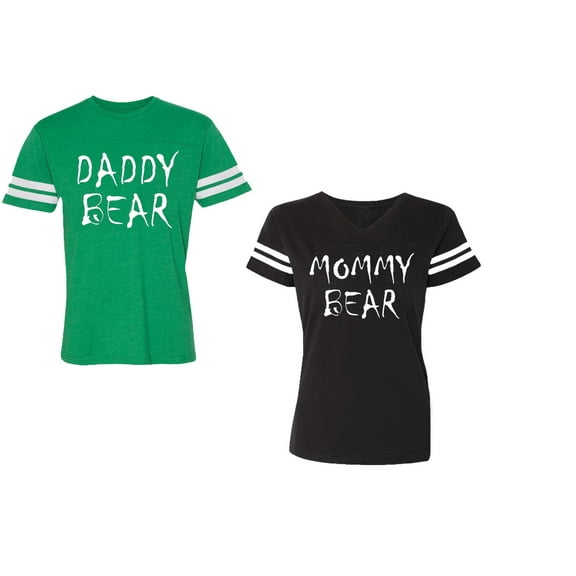Dady Mommy Bear Unisex Couple Matching Cotton Jersey style T-Shirt Contrasting stripes on sleeves (Men Green / Women Black) (Men S / Women S)