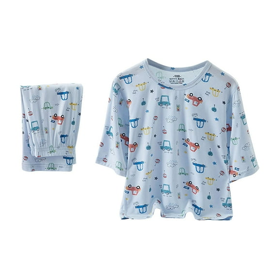 Kids Cotton Pajamas Set Girls Boys Pjs 3/4 Sleeve Pullover Pants Cute Soft 2 Piece Loungewear Sleepwear Blue, 7 Years