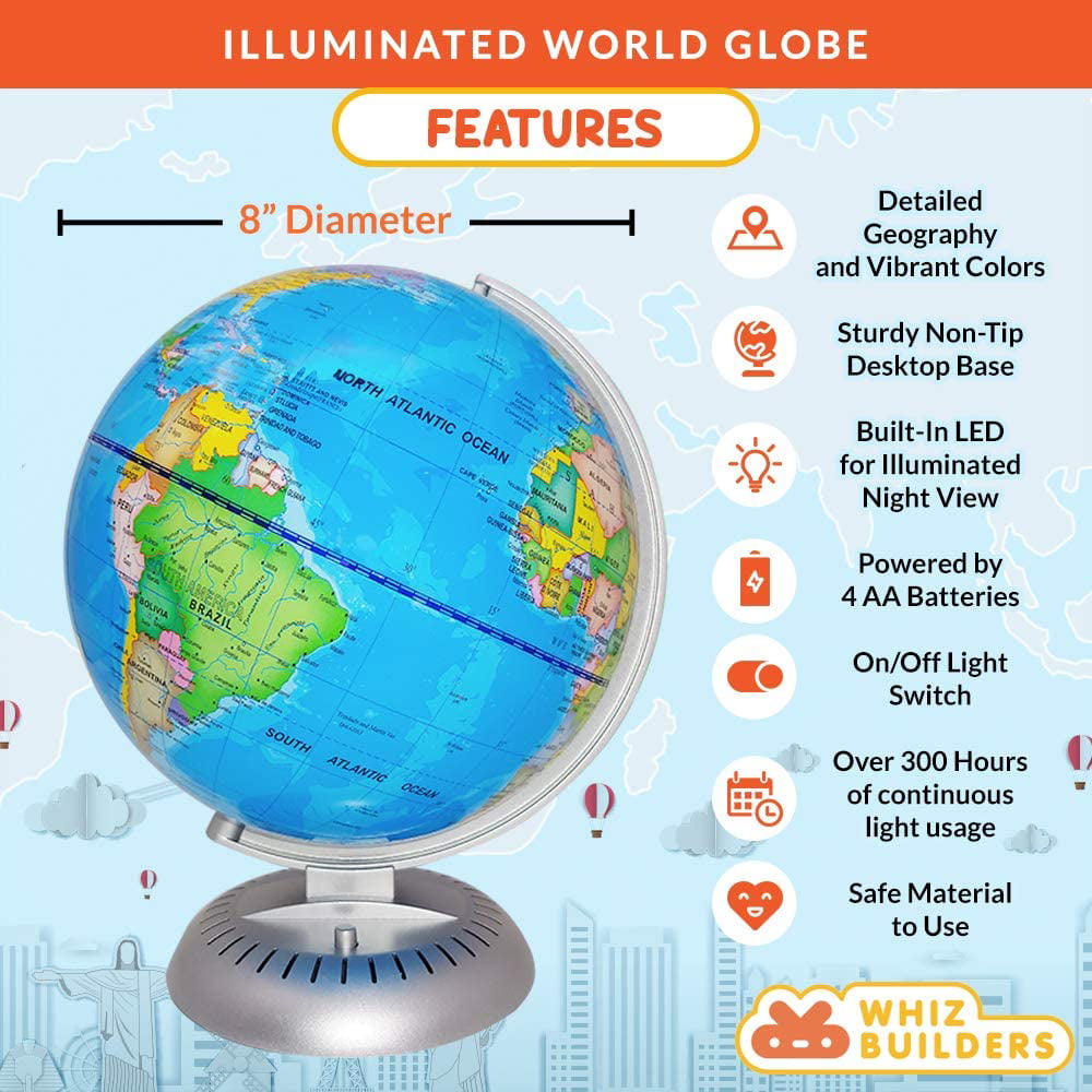 World Globe Illuminated Stand Night Led Lights For Kids Easy to Read Labels 