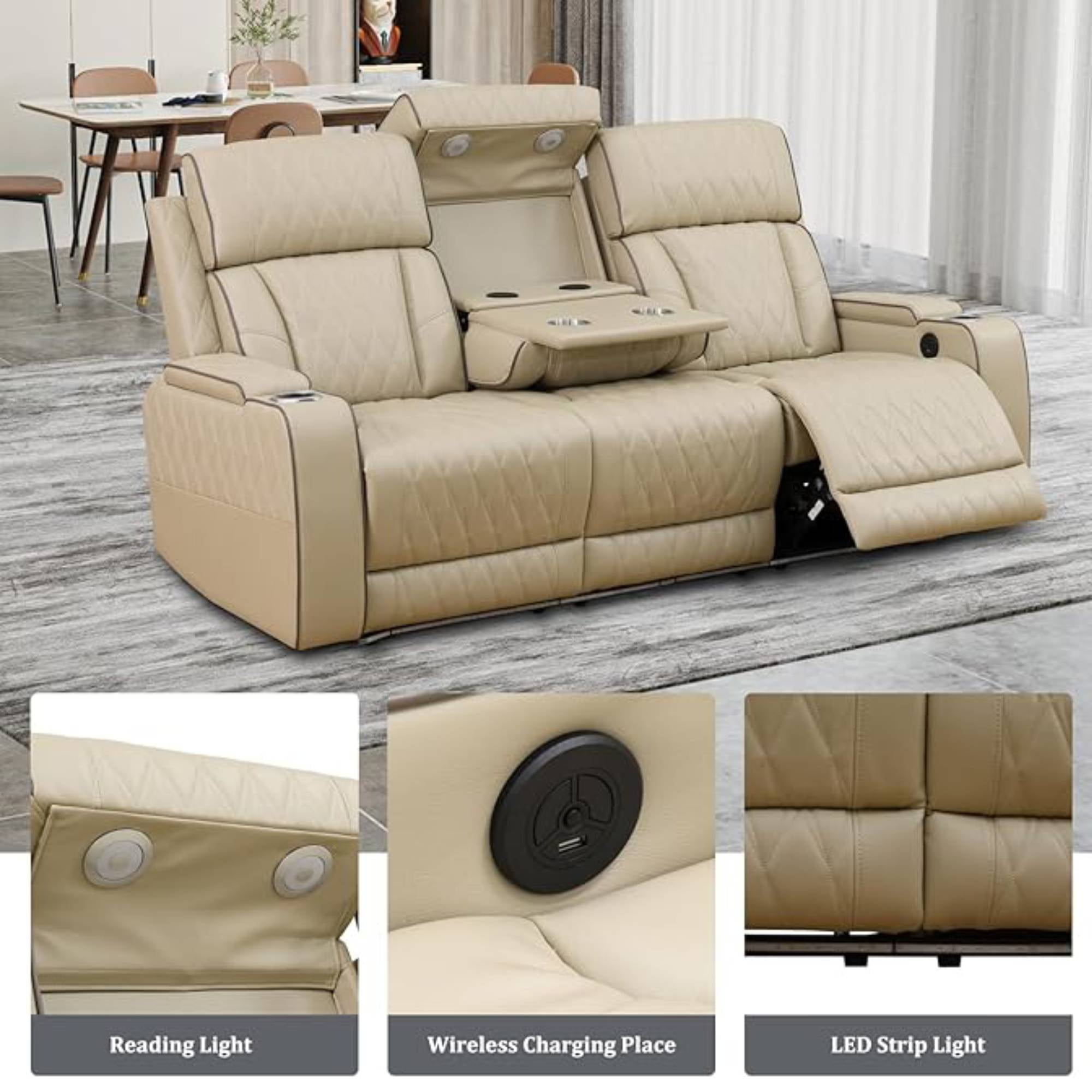 Power Recliner Sofa Set, Leather 3 Seater Recliner Sofa Couch, Adjustable Power Reclining Sofa Chair for Living Room, Beige