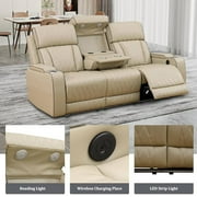 Leather Power Recliner Sofa Chair, Reclining Sofa Couch with LED, Recline Couch with USB Port&Cup Holder, Khaki