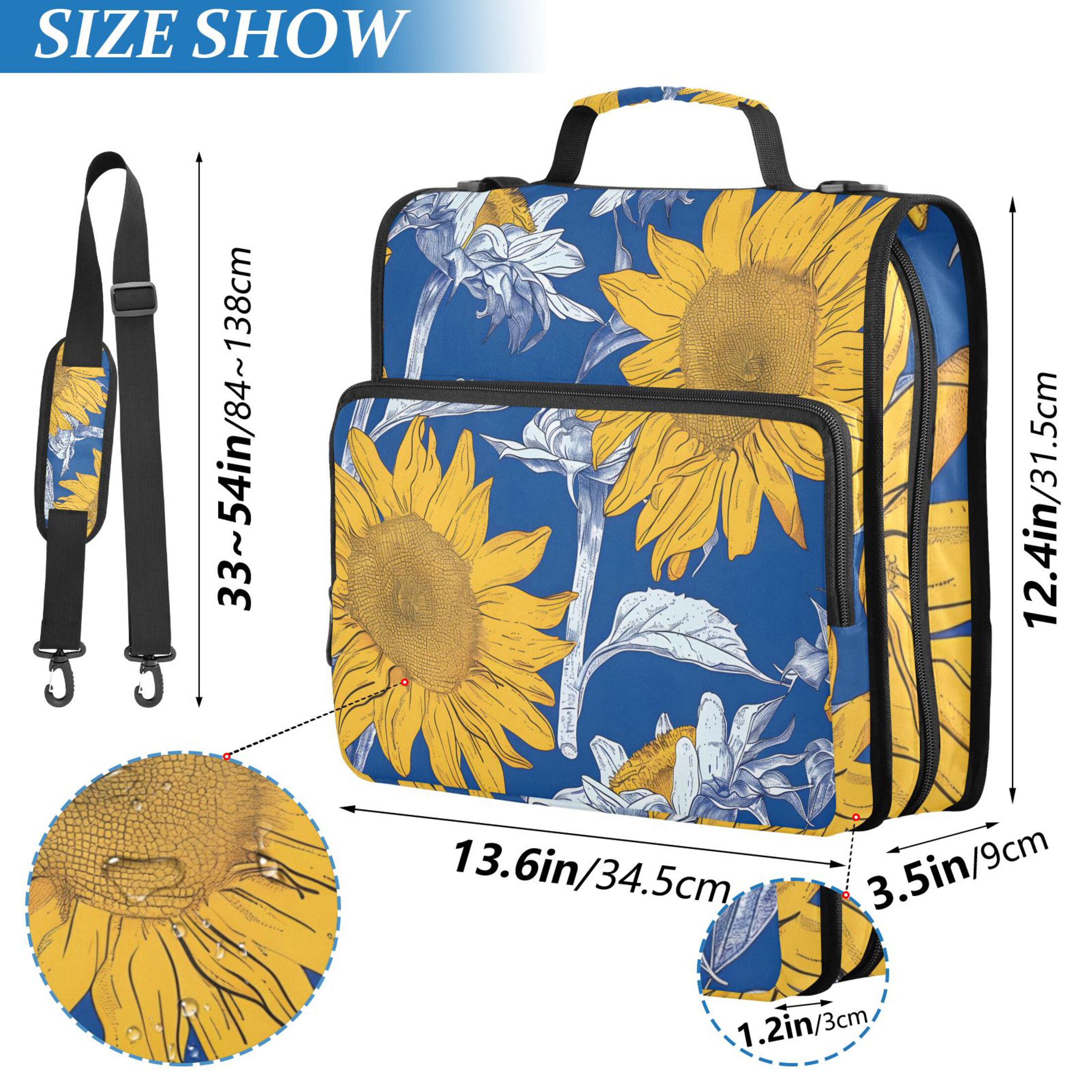 3 Ring Zipper Binder with Shoulder Strap Waterproof Trapper Keeper 2 Inch D-Ring 500 Sheets Capacity Hand Paint Sunflowers