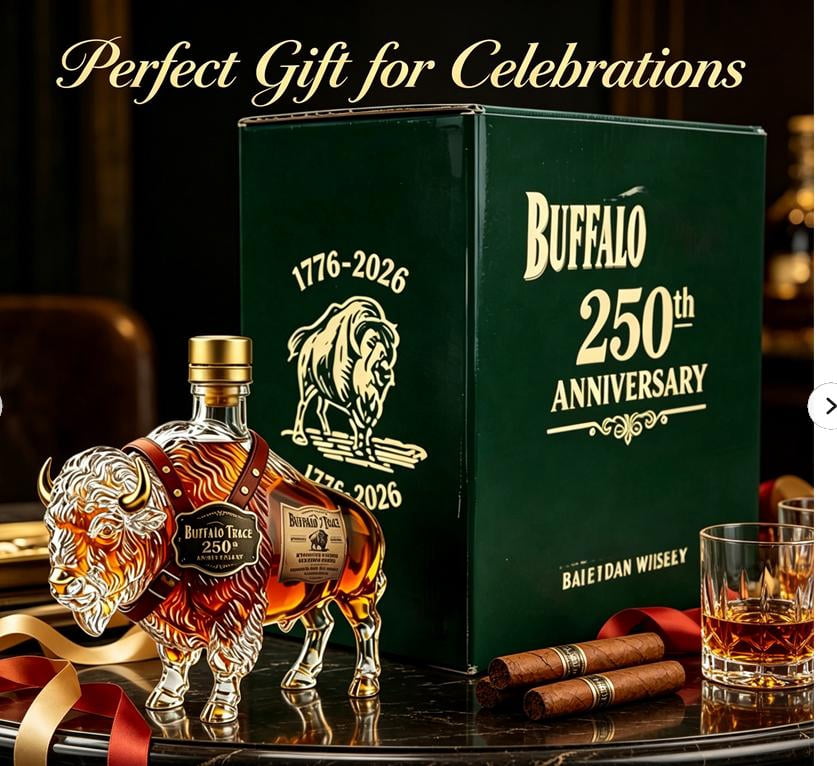 250th Anniversary 3D Bison Buffalo Shaped Glass Decanter, Hand Carved Spirit Liquor Bottle with Green Gift Box, Western Wildlife Bar Display Decor Gift for Bourbon Lovers