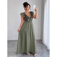 thumbnail image 4 of Army Green Womens Maxi Dress With Embroidered Floral V-Neck, Ruffled Cap Sleeves, Shirred Waist, 4 of 5