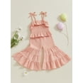 thumbnail image 5 of BemeyourBBs Toddler Girl Summer Clothes Infant Baby Girls Cotton Linen Outfit Strap Sleeveless Smocked Camisole Shirt Top and Bell Bottom Flare Pants Set Toddler Girls Summer Outfits, 5 of 9