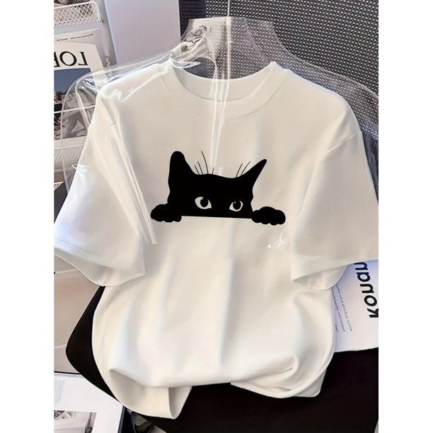 Korean Simple Cat Peeking Design Print T-Shirt, Loose Fit, Slimming, Short Sleeve, Sporty Top for Summer