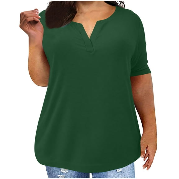 Uaswgudfs Women's Plus-Size Casual V-Neck Short Sleeve Blouse - Slit Detail & Lightweight Fabric for Trendy Summer Tops Comfort
