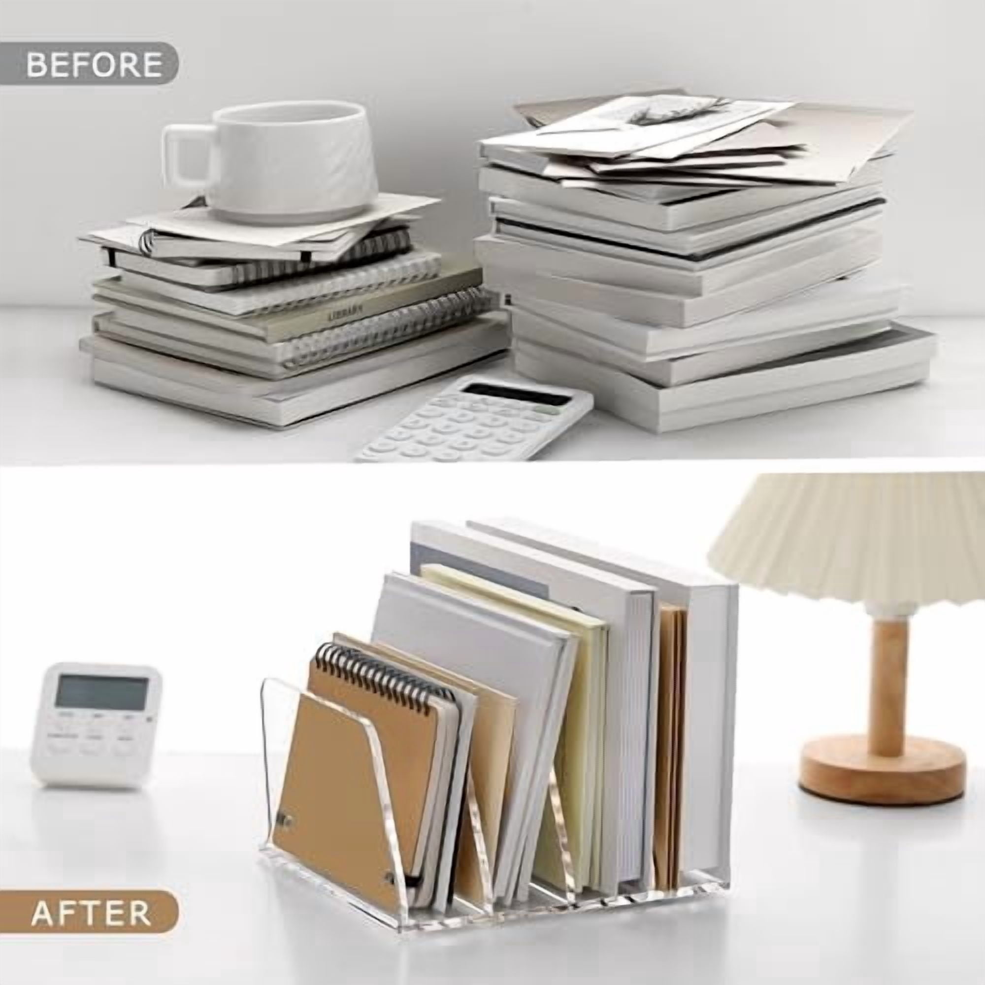 Jointown Acrylic Desk File Sorter Organizer Holder, 4-Section Clear Vertical Letter File Folder Rack, Notebook Magazine Desktop Binder Mails Storage Bookshelf Upright Divider for Home Office School