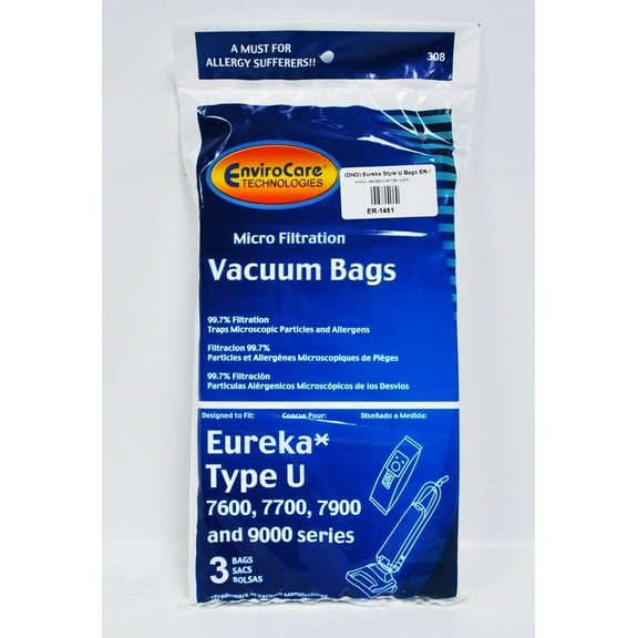 EnviroCare Style U Upright Vacuum Cleaner Bags Designed to Fit Eureka Powerline and Bravo.