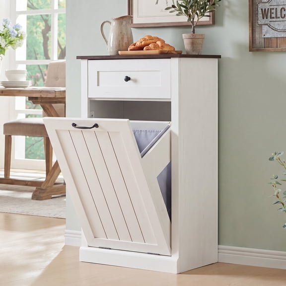 Aitjunz 10 Gallon Tilt Out Trash Can Cabinet with Drawer, Wooden Farmhouse Kitchen Cabinet with Hidden Trash Can Storage, White