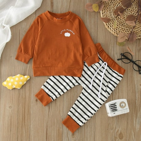 

Yiwula Toddler Boys Girls Long Sleeve Letter T Shirt Pullover Tops Striped Prints Pants Outfits