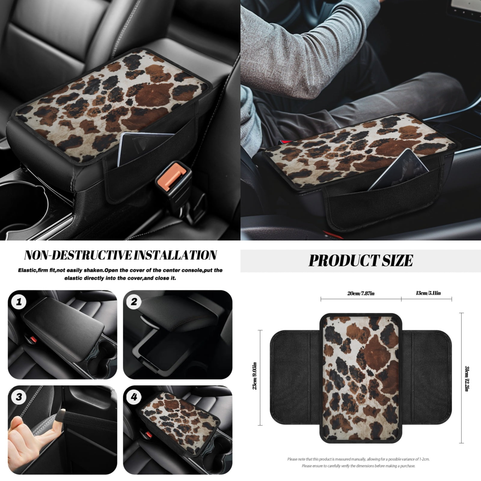 Jeiento Brown Cow Print 14 PCS Car Seat Cover Full Set with Steering Wheel Cover Seat Belt Covers Trash Can Rear View Mirror Cover Center Console Cover Cup Coasters Handbrake Cover Set