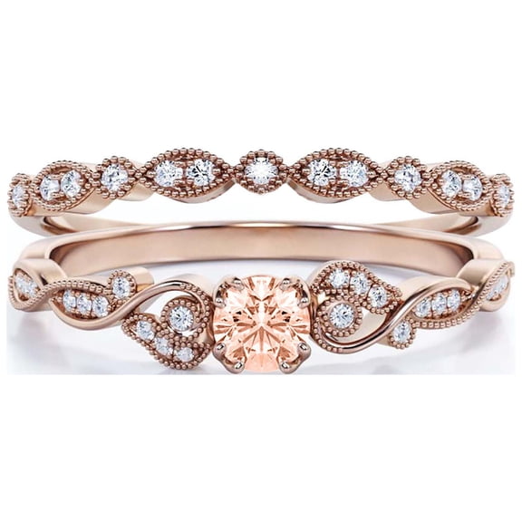 Vintage 1.25 Carat Round Cut Morganite & Moissanite Bridal Set in 10k Rose Gold