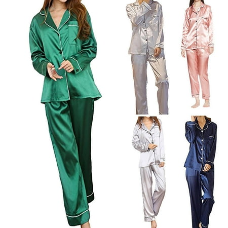 

Women Long Sleeve Button Casual Solid Pockets Satin Sleepwear Robes Pajamas Set