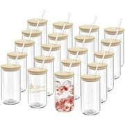 20 Pack Drinking Glass Cups with Bamboo Lids and Glass Straws 16oz Iced Coffee Cups Clear Glass Tumblers Can Shaped Drinking Beer Glasses Cute Cups for Tea, Smoothie, Whiskey, Soda, Gift