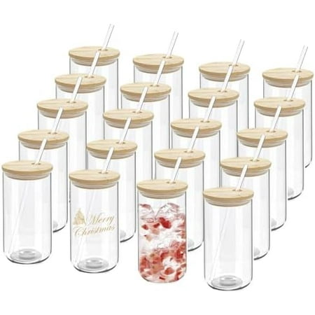 20 Pack Drinking Glass Cups with Bamboo Lids and Glass Straws 16oz Iced Coffee Cups Clear Glass Tumblers Can Shaped Drinking Beer Glasses Cute Cups for Tea, Smoothie, Whiskey, Soda, Gift