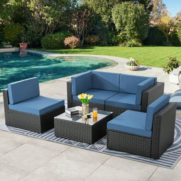 Walsunny 5 Pieces Outdoor Patio Conversation Sets Sectional Sofa Couch
