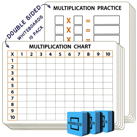 SCRIBBLEDO 10 Pack Dry Erase Multiplication Chart White Board 9" x 12" Multiplication Table l Double Sided Times Table Math Manipulatives Whiteboard for Kids Students classroom 1