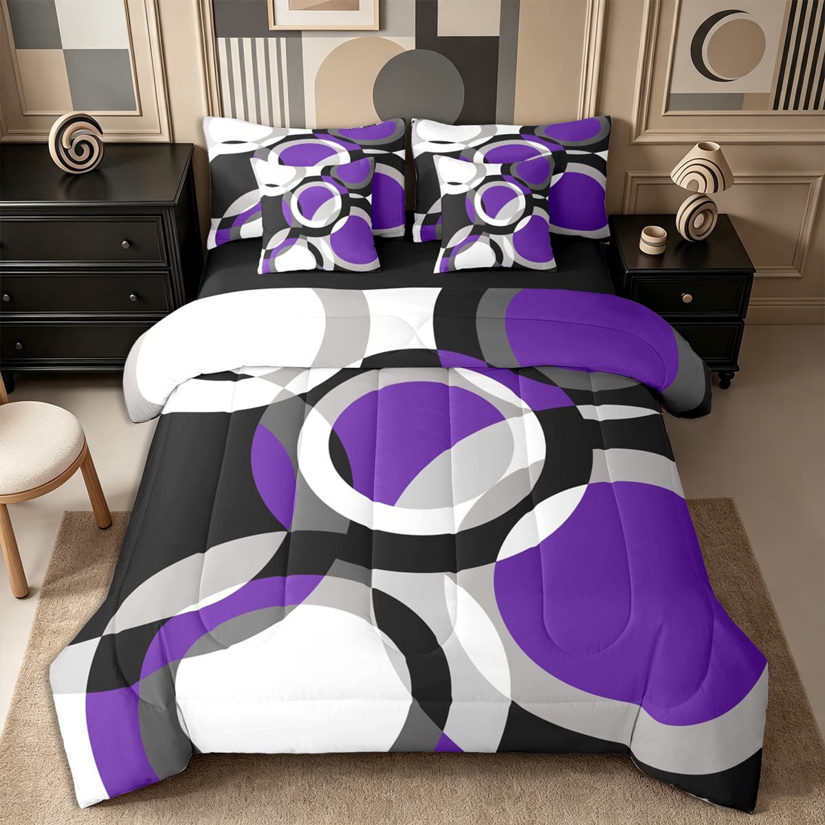 Castle Fairy Geometric Overlap Ring Full Size Bedding Sets 7 Pieces Watercolor Circle Ring Full Size Bed in a Bag Violet Gray Black White Reversible