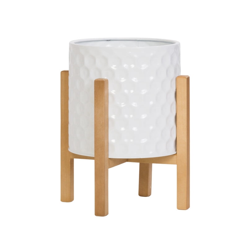 Honeycomb Metal Planter Pot With 4-Leg Wood Base - White - 12"H x 10"W