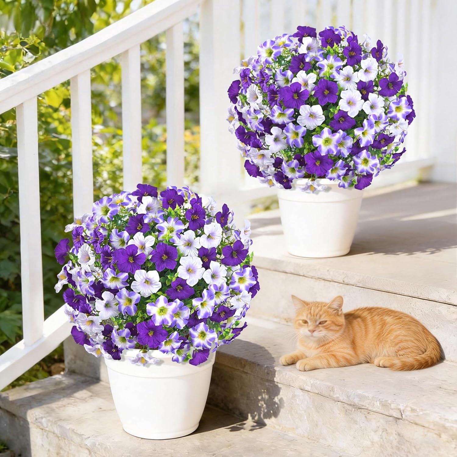 Yastouay 2 Packs Artificial Flowers Topiary Balls with Ground Spikes,23 Inch UV Resistant Faux Boxwood with Petunias Flowers for Outdoor Garden Decor(Mixed Purple)