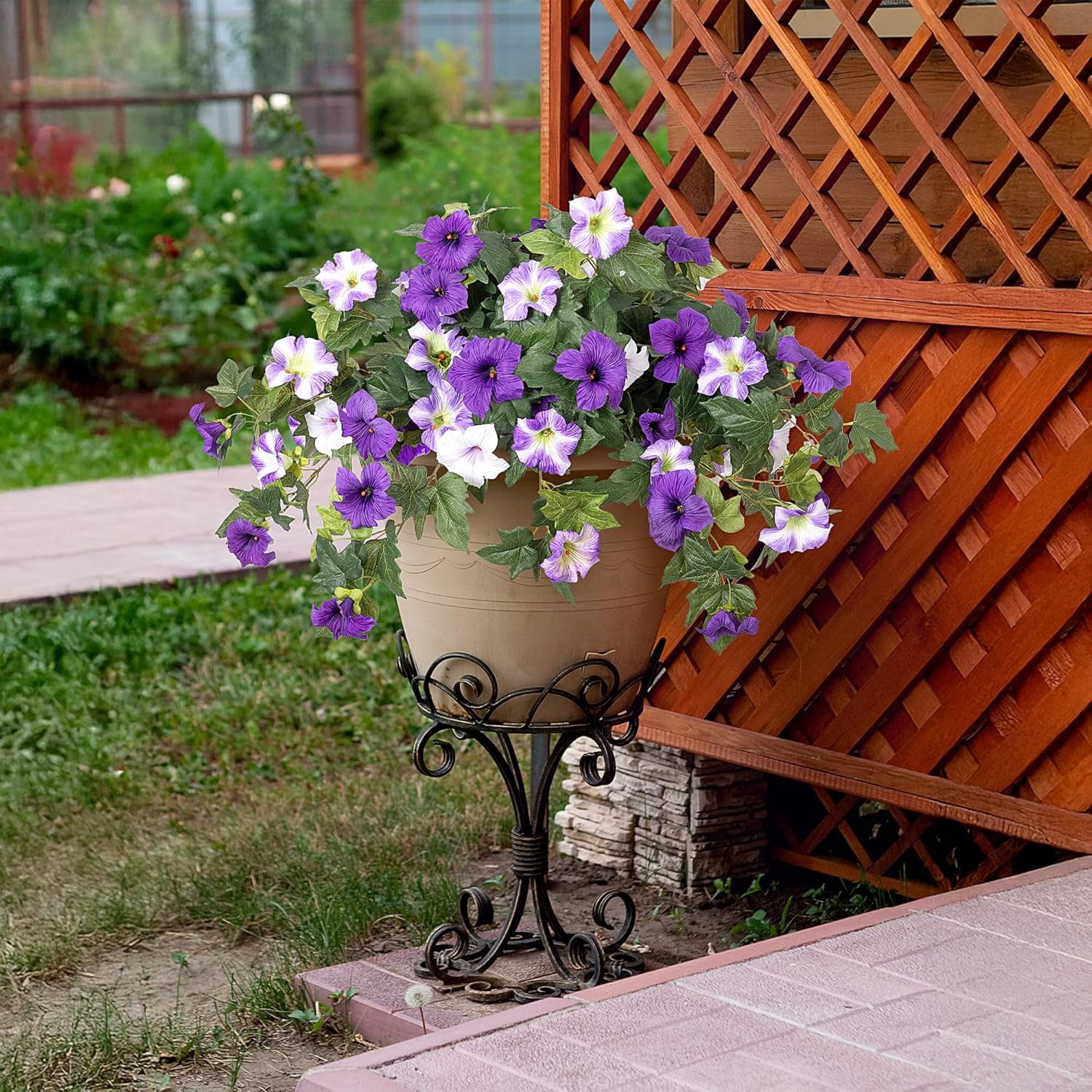 KUNPENG Hanging Basket Window Box Flowers, Mother's Day Garden Decor, Artificial Fake Flowers for Outdoor Decoration, UV Resistant Faux Petunias, Purple White Silk Plants for Porch 3pcs