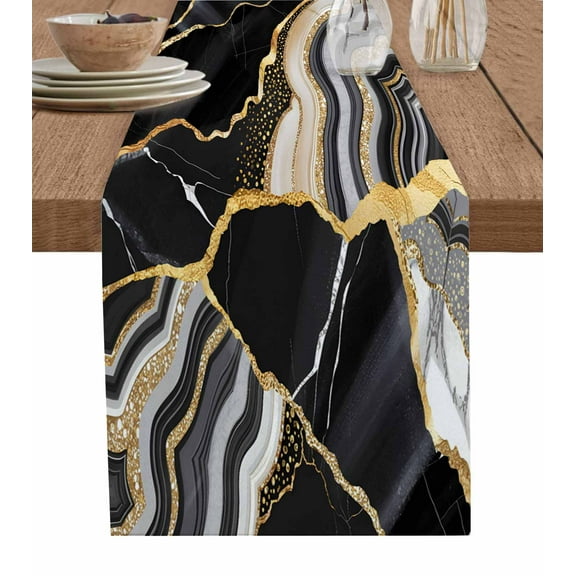 Black Marble Table Runner Grey Gold Texture Vintage Farmhouse Art Tablerunners 14 x 72 Inch, Table Decorations Tabletop Scarf for Summer Gathering Holiday Farmhouse Kitchen Dining Decor