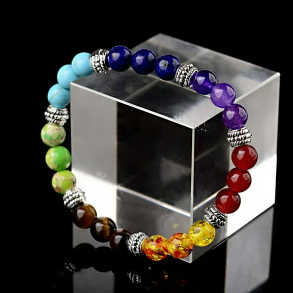K-KED 7 Gemstone Crystal Chakra Lava Stone Reiki Amethyst Beaded Bracelet Bangle