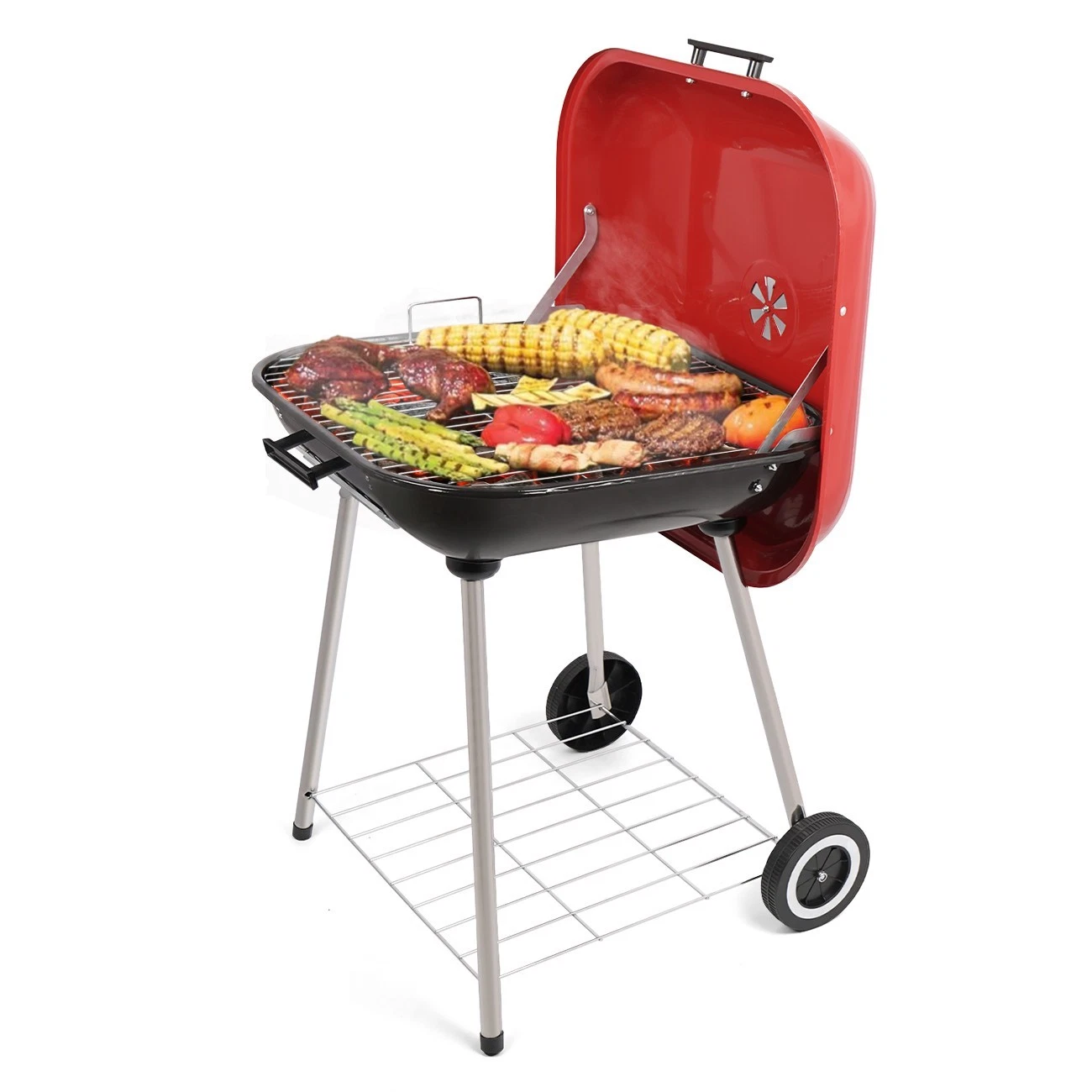 Linsen-outdoors BBQ Grill Charcoal Barbecue Grill Stainless Steel Outdoor Party Camping Picnic (Red)