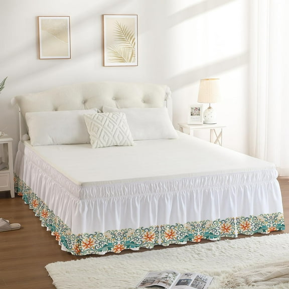 JingChun Wrap Around Ruffled Lace Bed Skirt, Elastic Dust Ruffle with Adjustable Belts, Easy to Put On, Bed Frame Cover, Machine Washable