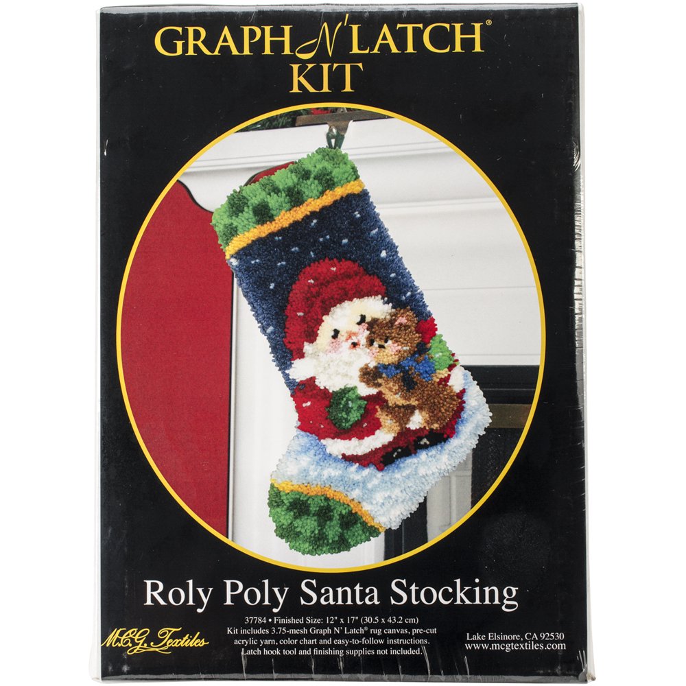 M.C.G. Textiles 37784 Latch Hook Kit, 12 by 17Inch, Roly Poly Santa Christmas Stocking Multi