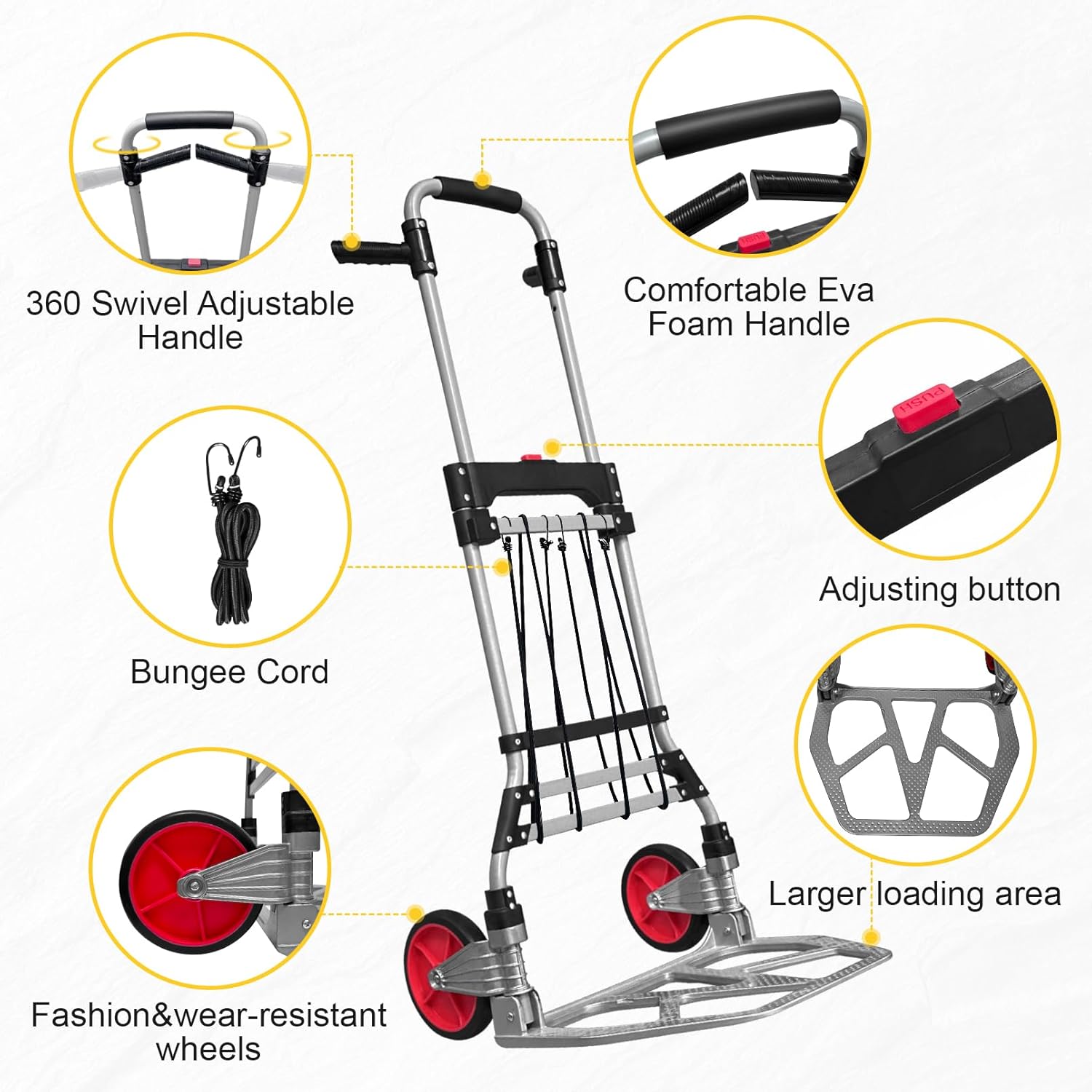360 LBS Folding Hand Truck Dolly Cart, Upgraded Aluminum Hub Frame, Portable Aluminum Dolly Cart with Swivel Handle and Elastic Cord for Moving, Warehousing, Shopping, Travel, Office Use (Silver)