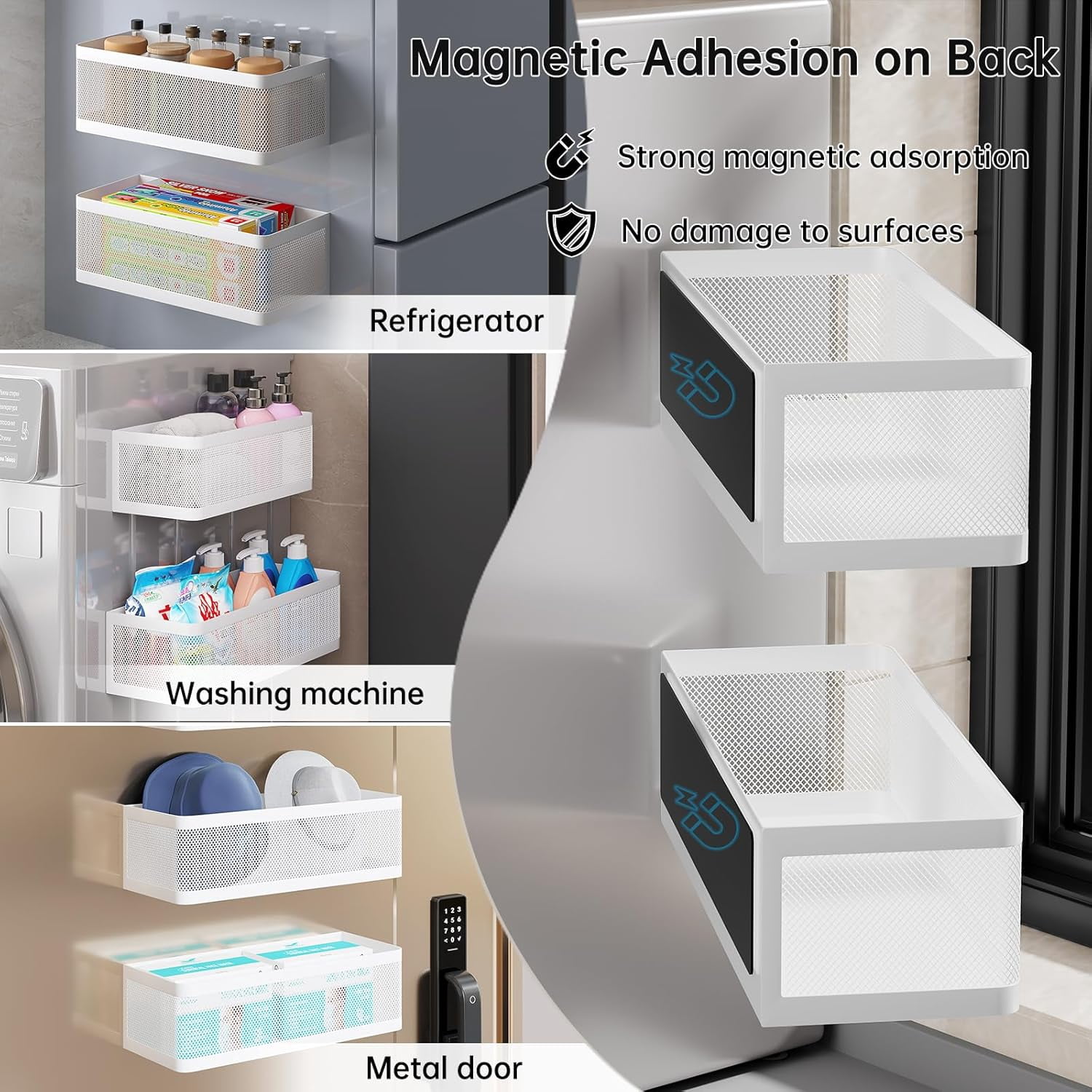 2 Pack Magnetic Shelves for Washing Machine, White Metal Storage Baskets Organizer
