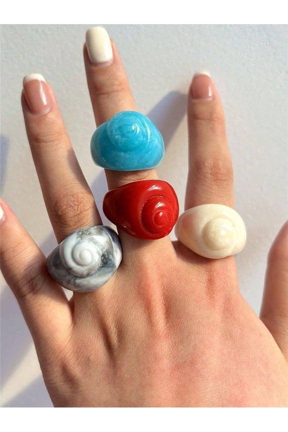 4pcs/Set Standard Color Seashell Resin Rings, Ocean-Inspired Statement Ring Set For Daily Wear