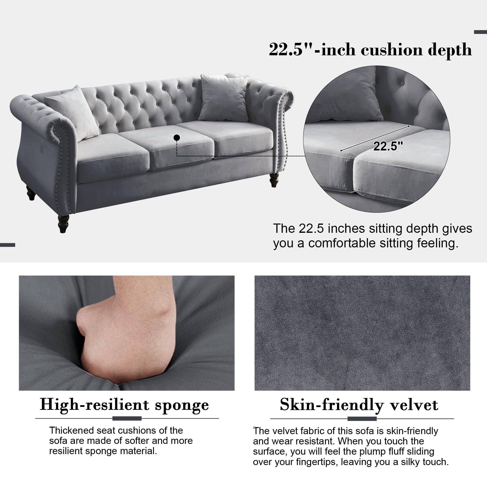 2 Piece Chesterfield Velvet Sofa, 80" 3-Seater and 59" Loveseat Sofa Set, Tufted Couch with 4 Pillows,Rolled Arms and Nailhead for Living Room, Bedroom, Office, Grey