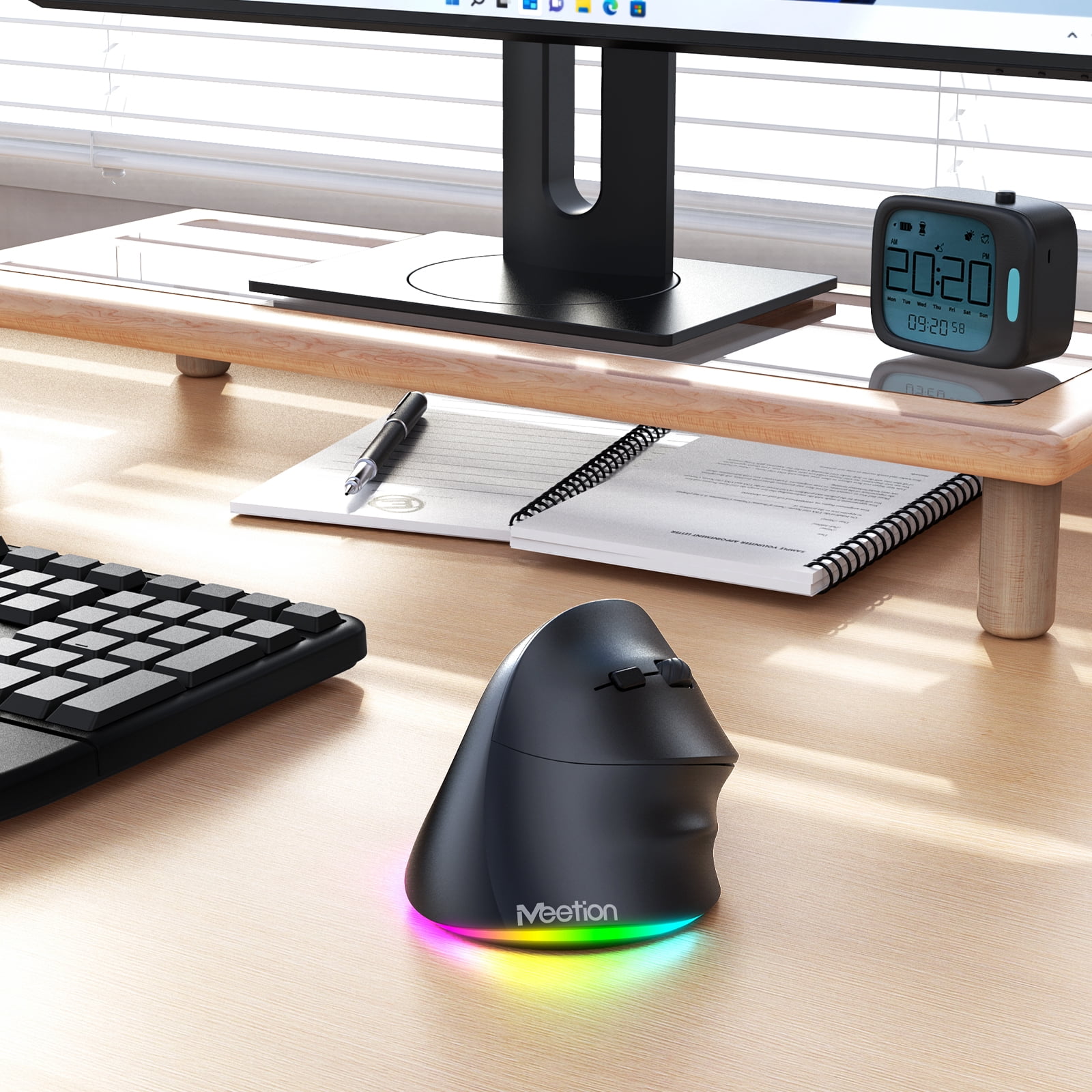 MEETION Wireless Mouse, Vertical Ergonomic Design, Rechargeable via Type-C, Bluetooth & 2.4G, Large Comfort Grip, Black