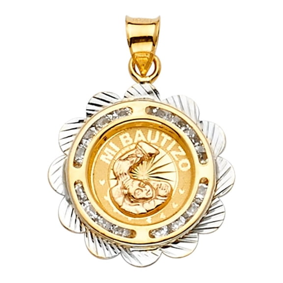 Ioka - 14K Two Tone Gold CZ Baptism Medal Religious Charm Pendant For Necklace or Chain
