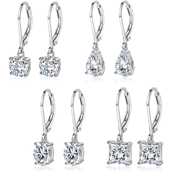 GEMSME 18K White Gold Plated Round Oval Princess Cut Clear Cubic Zirconia Tear Drop Dangle Earrings for Women Hypoallergenic